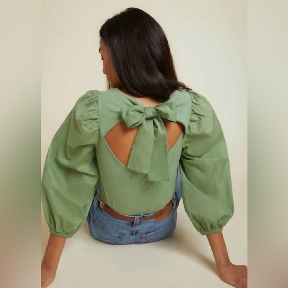 Nation LTD Green Bow-Back Puff Sleeve Top